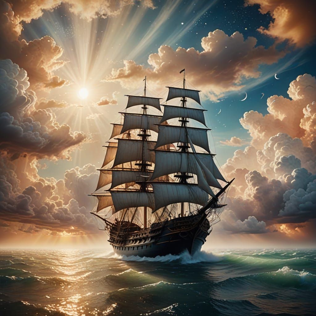 Surreal Ship Sails Through Celestial Clouds in Golden Light