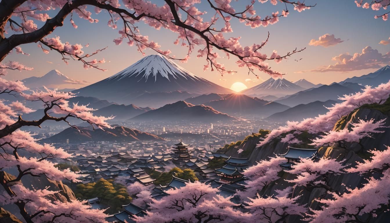 Sunrise Over Cherry Blossom Mountain: Anime Style