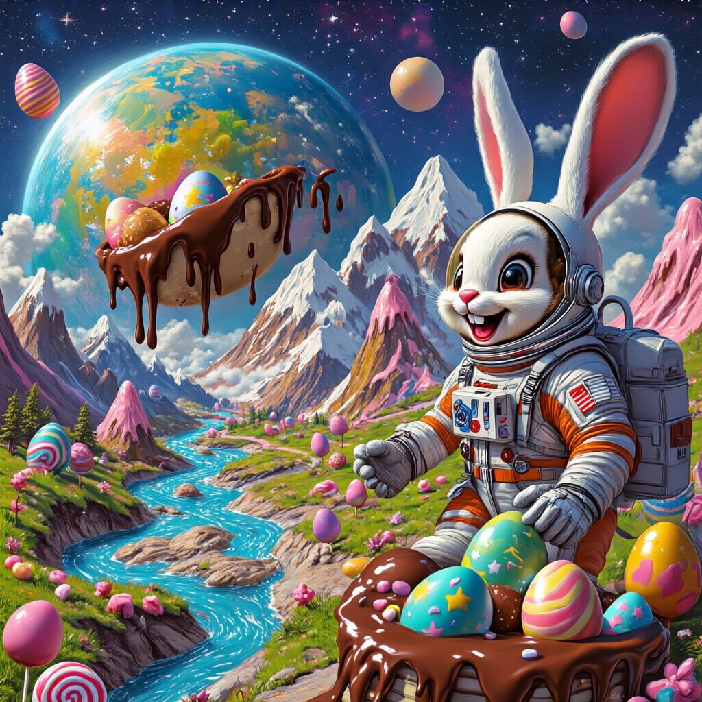 Easter Bunny's Cosmic Adventure on Chocolate Planet