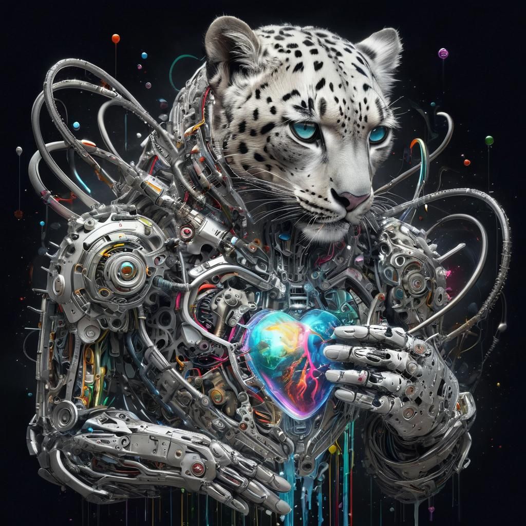 Snow Leopard Cyborg Holding Mechanical Heart