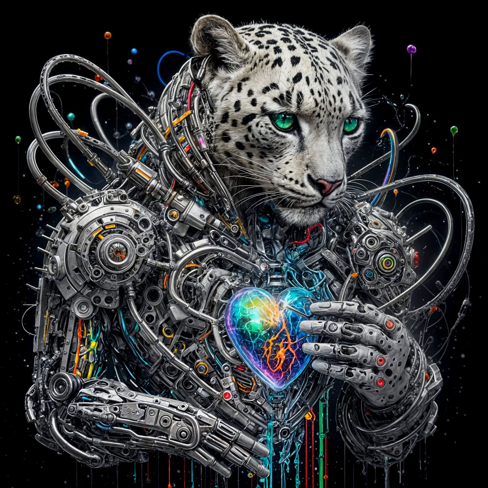 Snow Leopard Cyborg Holding Mechanical Heart