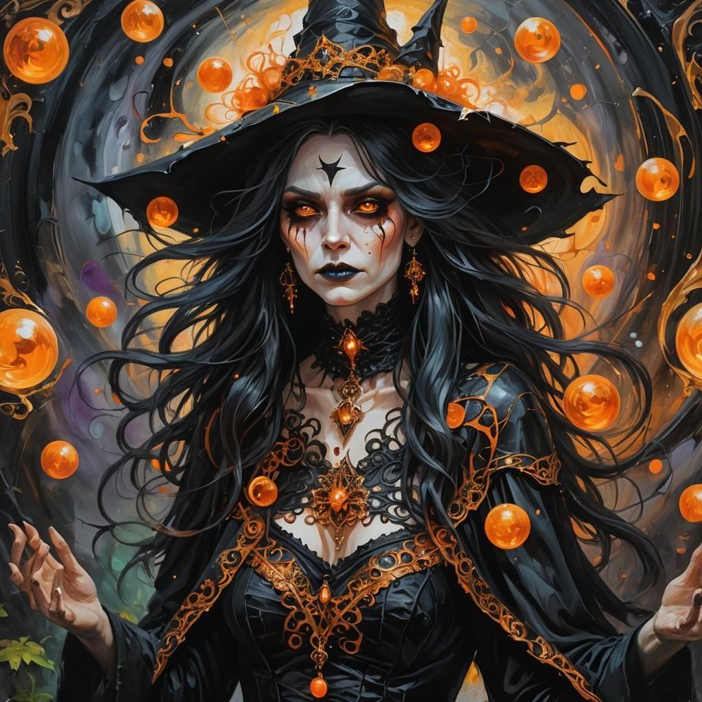 Gothic Witch Casting Magic with Swirling Orbs
