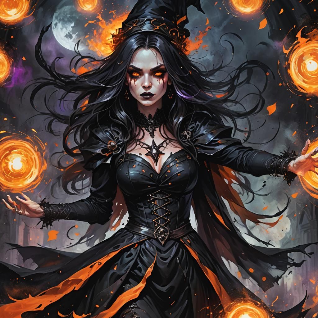 Gothic Witch Casting Magic with Swirling Orbs