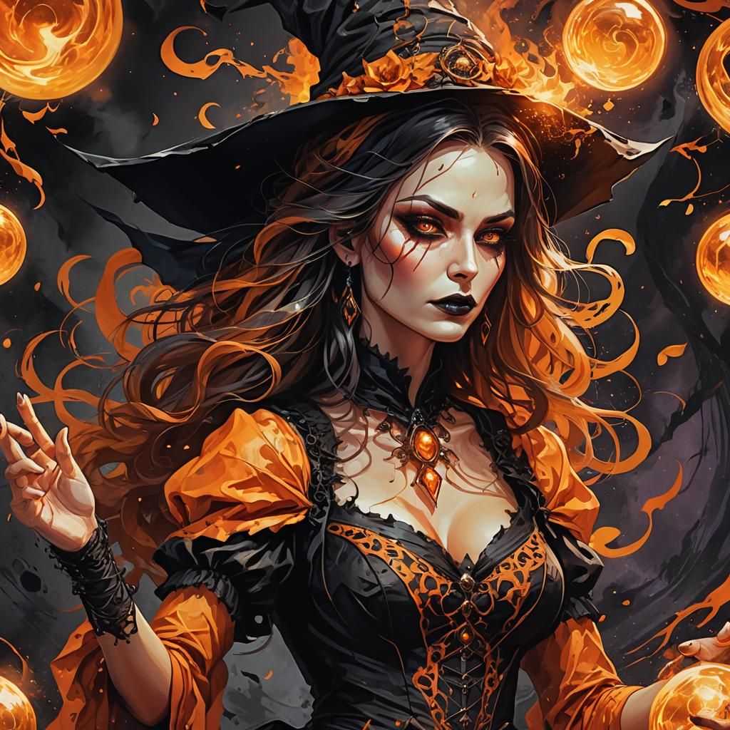Gothic Witch Casting Magic with Swirling Orbs