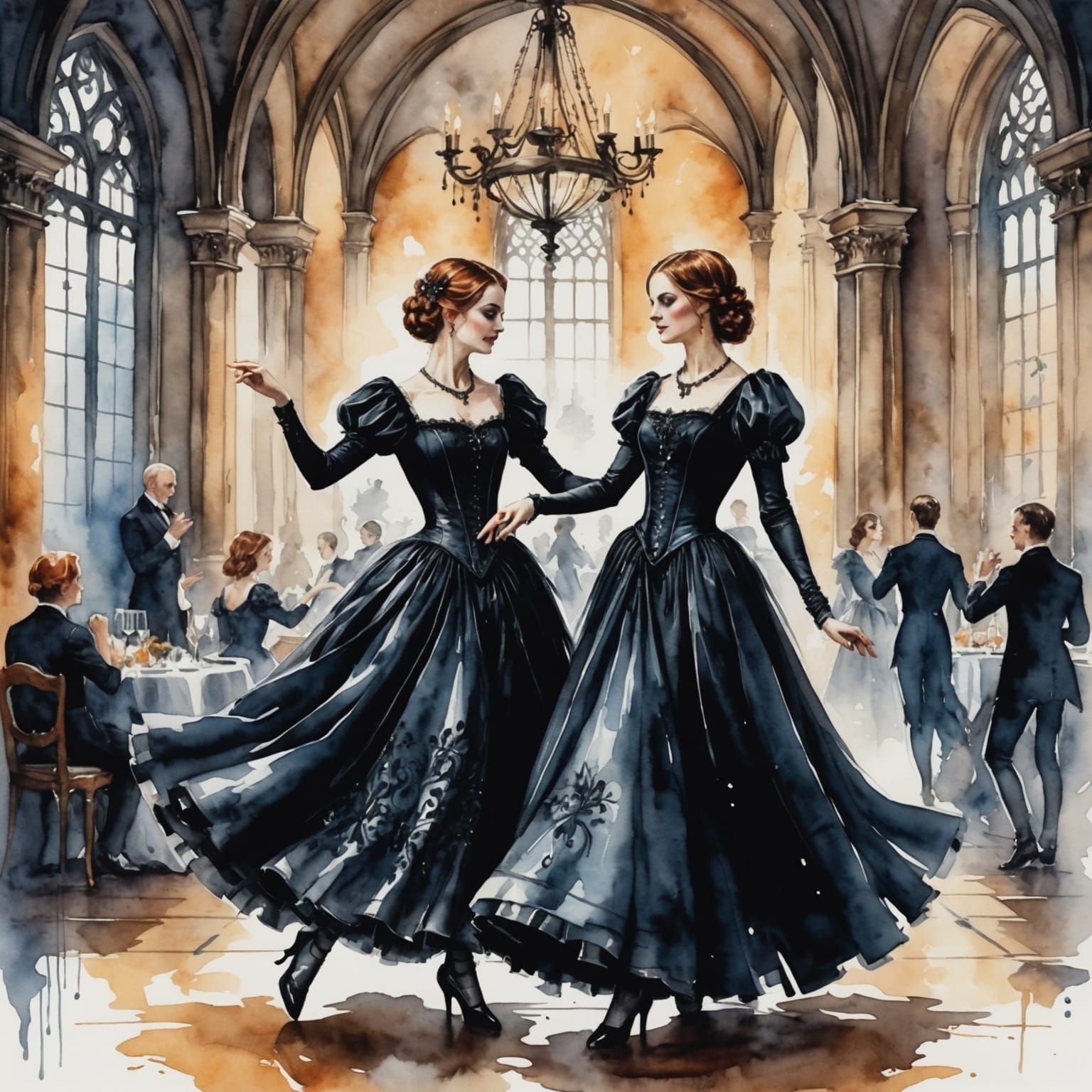 Romantic Dancers in a Gothic Watercolor Ball