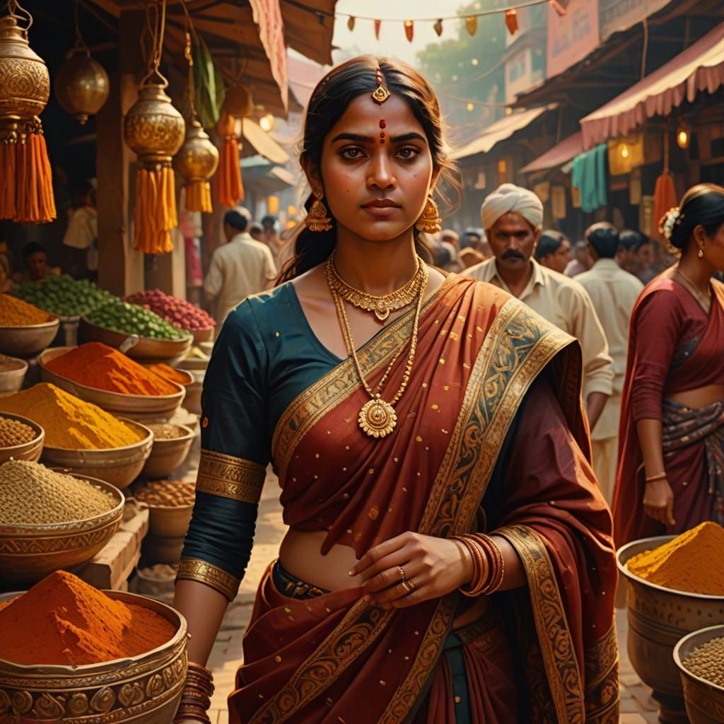 Traditional Indian Woman in Market Scene, in Style of Raja R...