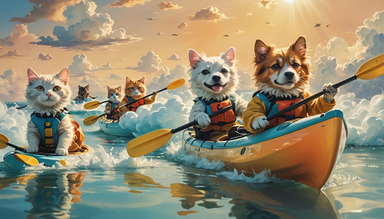 Puppies vs Kitties Kayaking in Clouds: Surreal Art