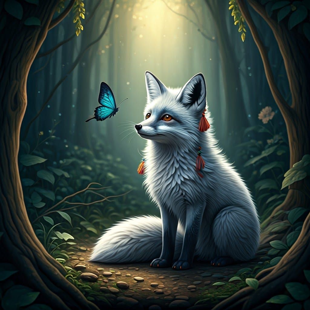 Silver Fox in Whimsical Forest Watches Exotic Butterfly