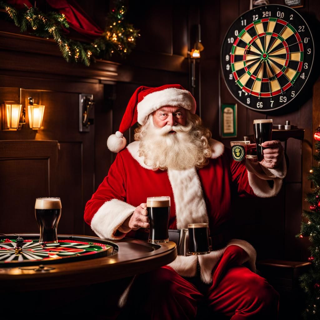 Santa Claus Plays Darts Drinking Guinness in Pub