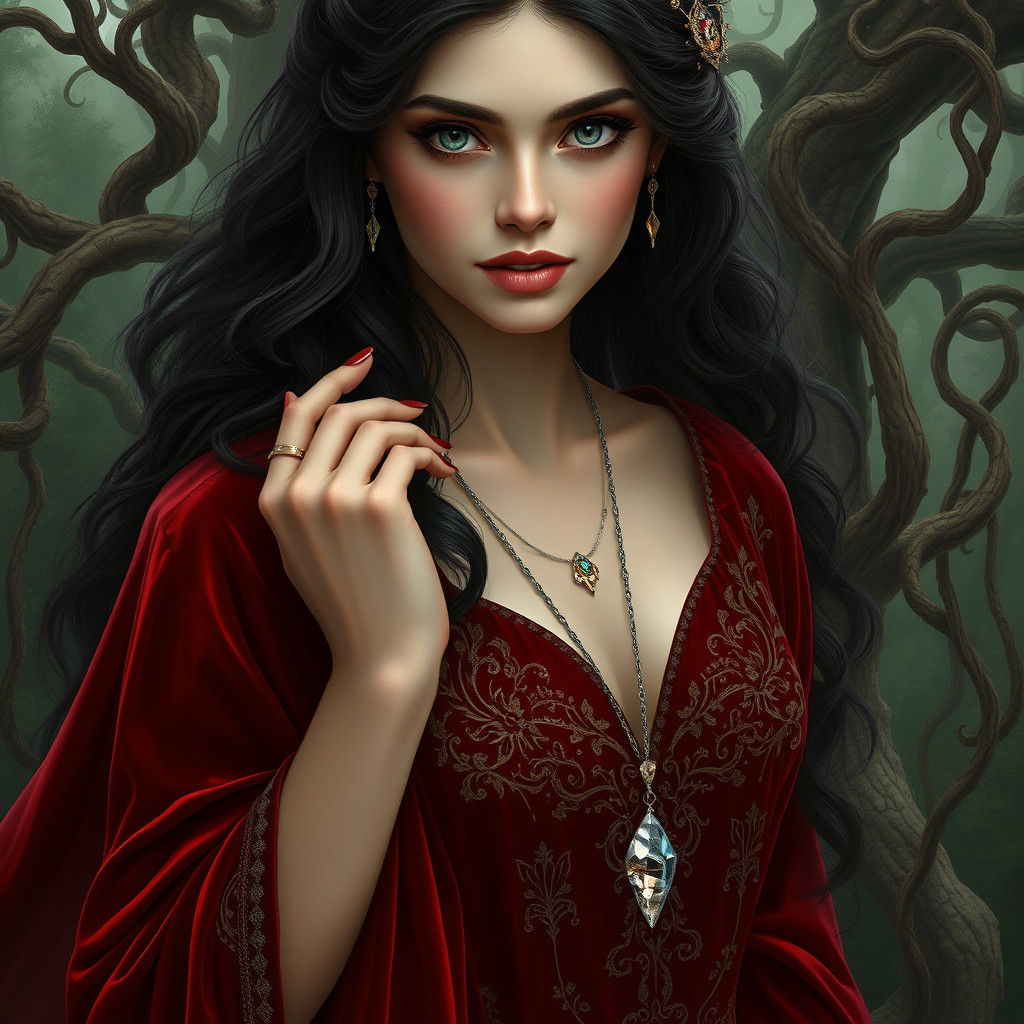 Regal Woman in Crimson Gown, Fantasy Concept Art
