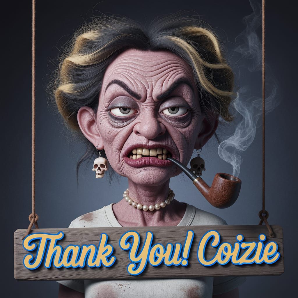 Ugly Woman Smoking Pipe in Grimy Cartoon Style