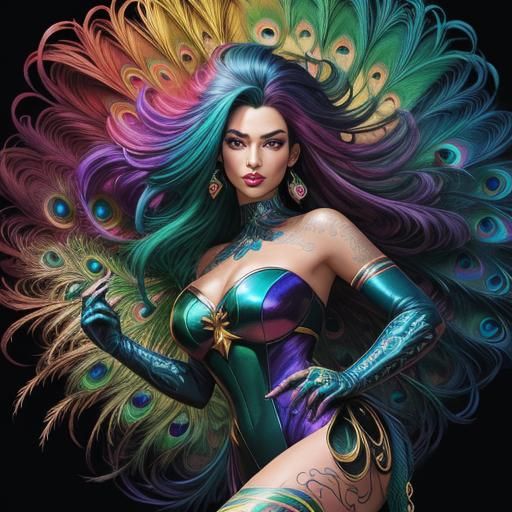 Psychedelic Comic Book Portrait of Woman with Peacock Hair