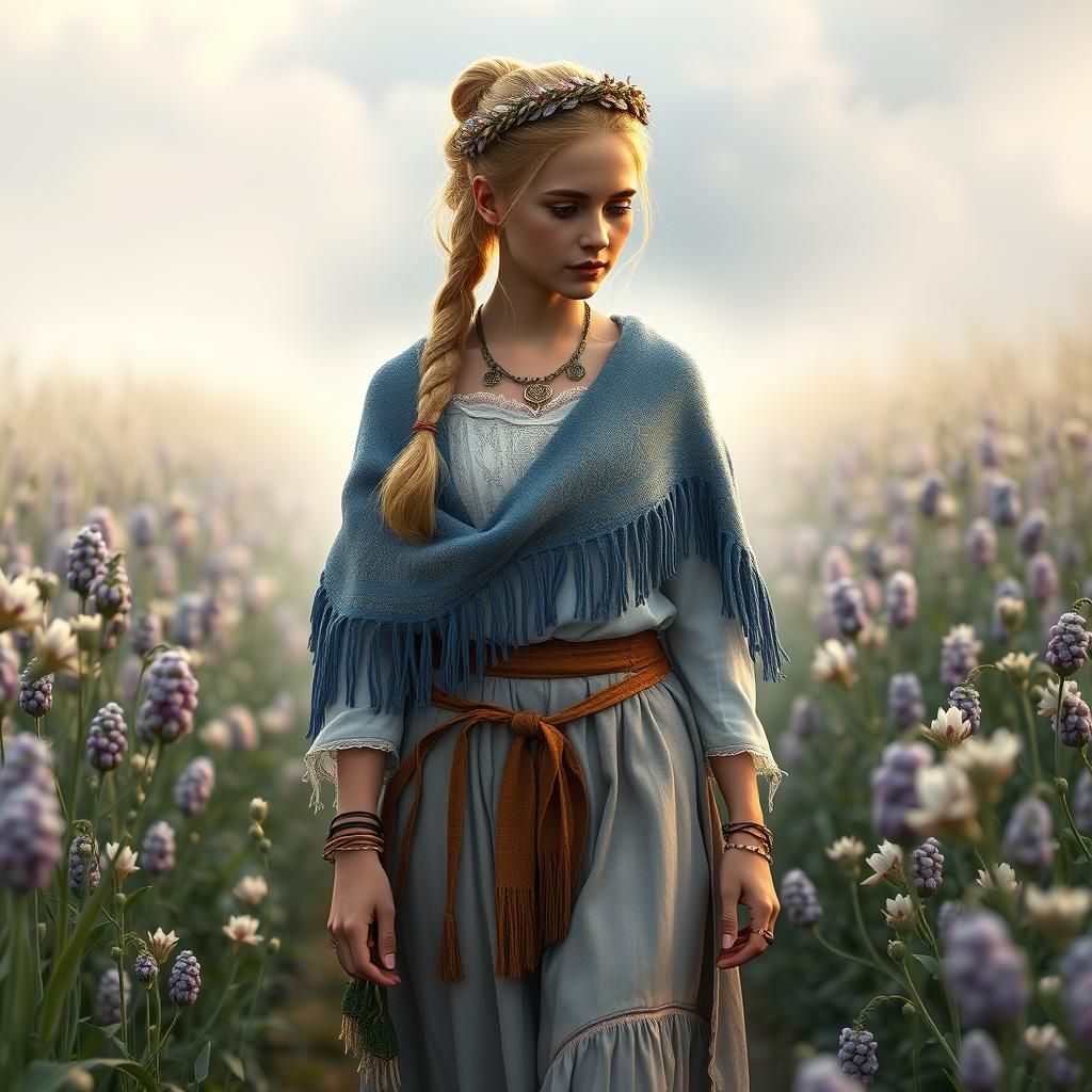 Latvian Woman in Flax Field, Digital Art