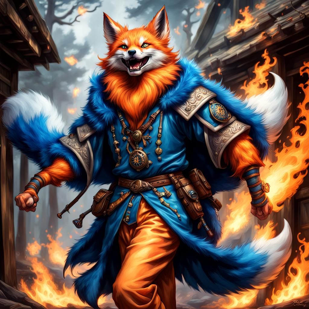 Blue Fur Kitsune Oracle Laughing and Skipping