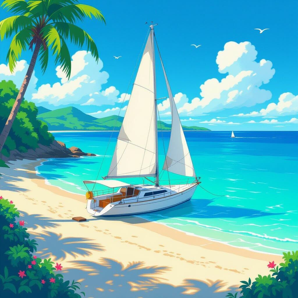 Sailboat by Turquoise Ocean in Studio Ghibli Anime Style