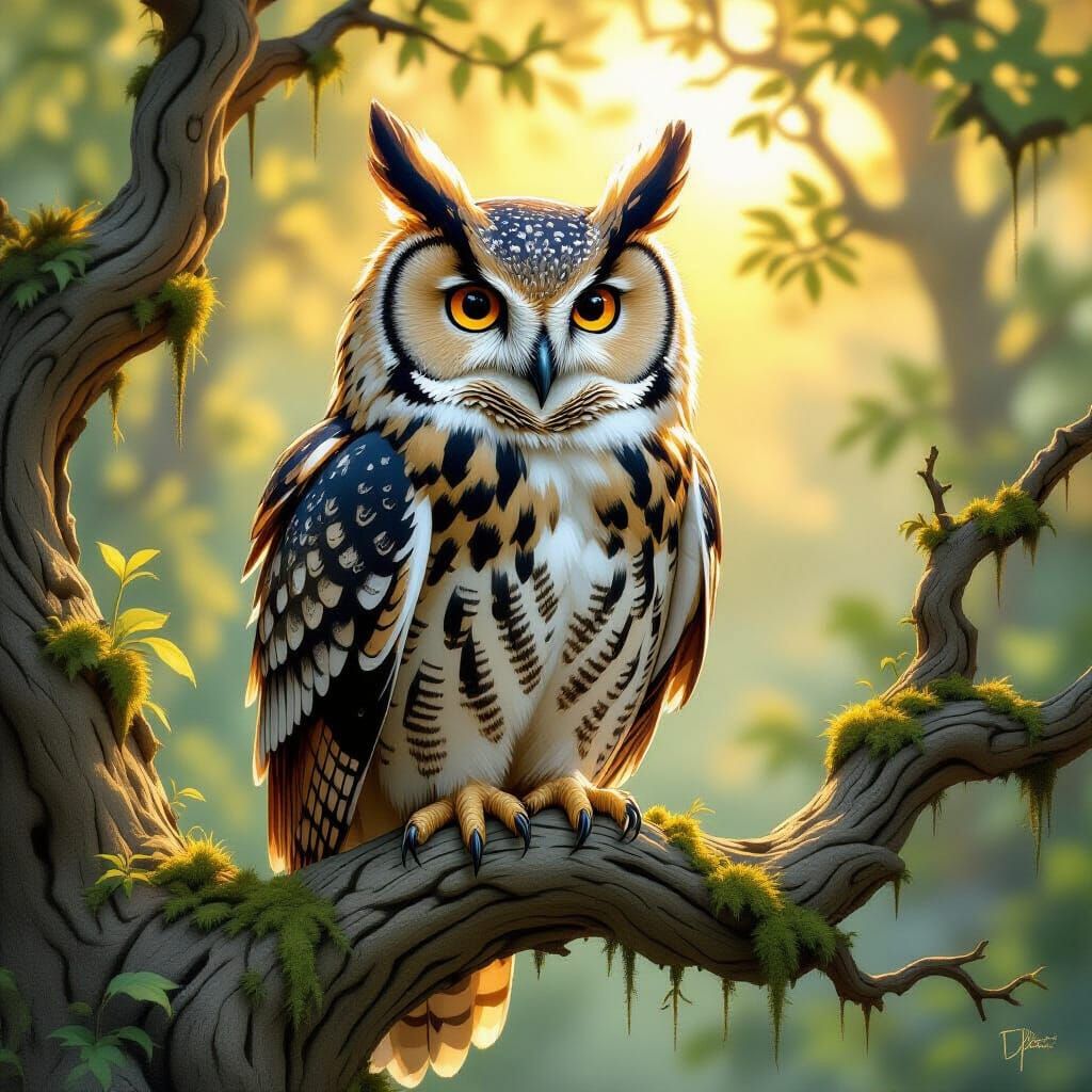 Parchment Owl Perched on Mossy Branch in Sunlight