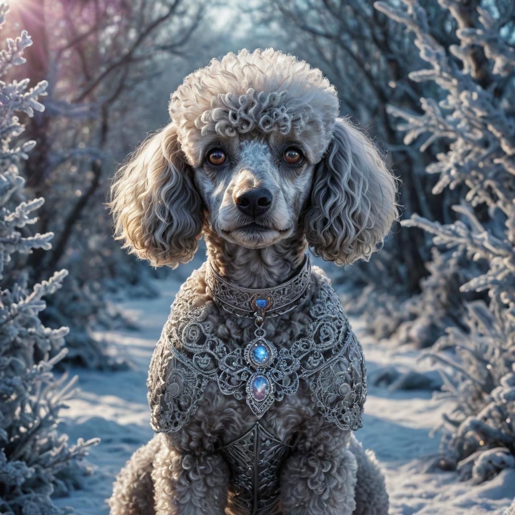 Metallic Poodle with Glowing Eyes in Dreamlike Art