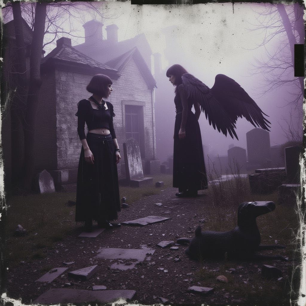 Fallen Angel in Abandoned Cemetery, Grunge Art Style