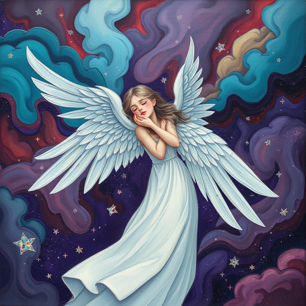 Crying Angel in Celestial Cloudscape, Shimmering Stardust