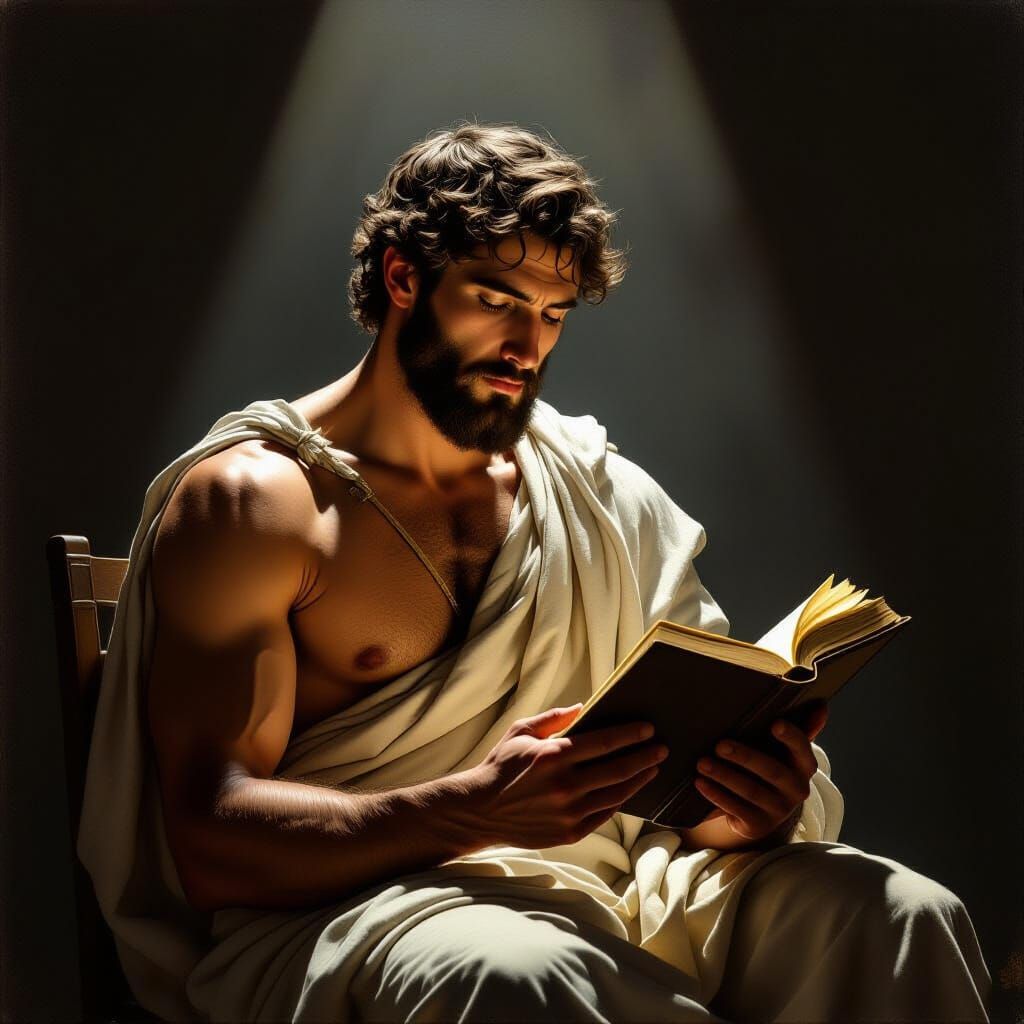 Man in Toga Reading Under Spotlight, Classical Style