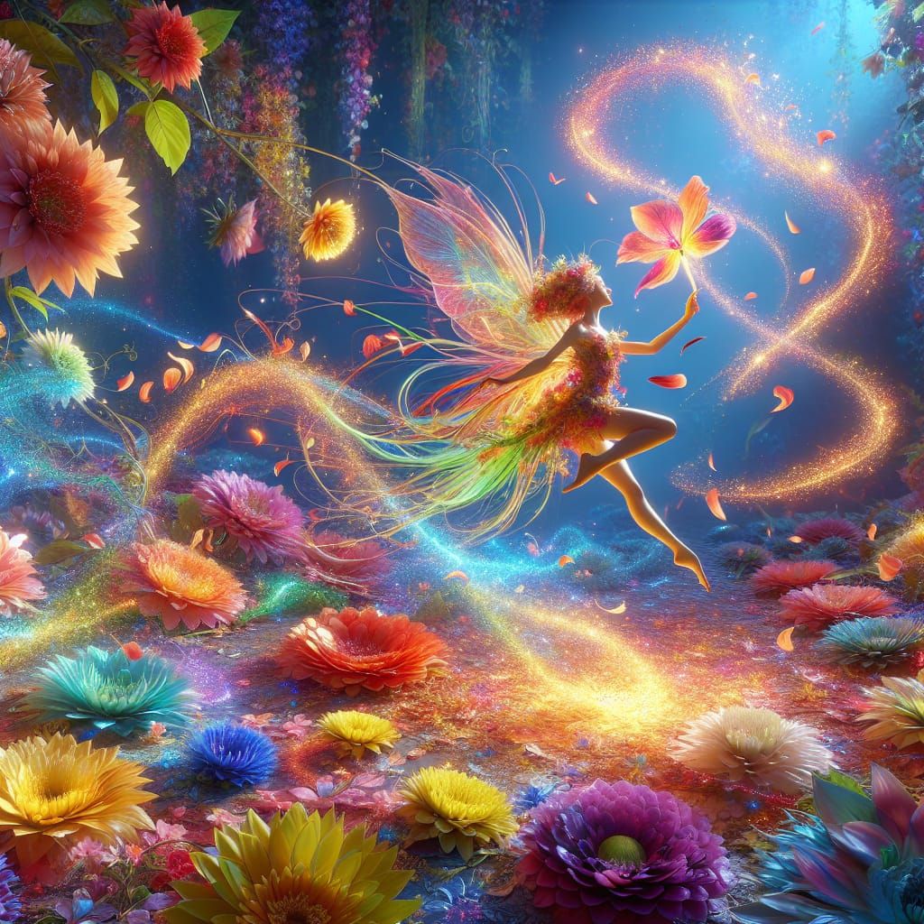 Radiant Fairy Dances Amidst Flowers with Sparkles