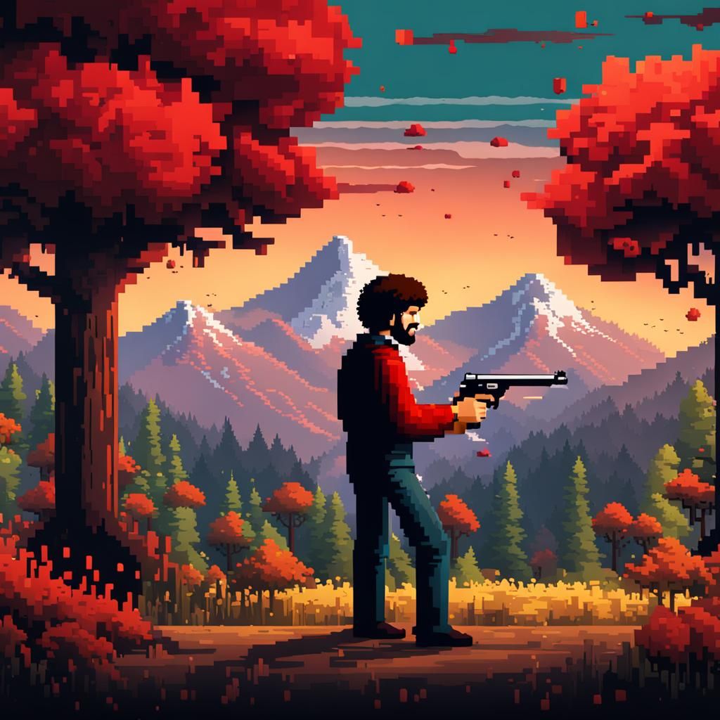 8-Bit Pixel Art Bob Ross Action Scene