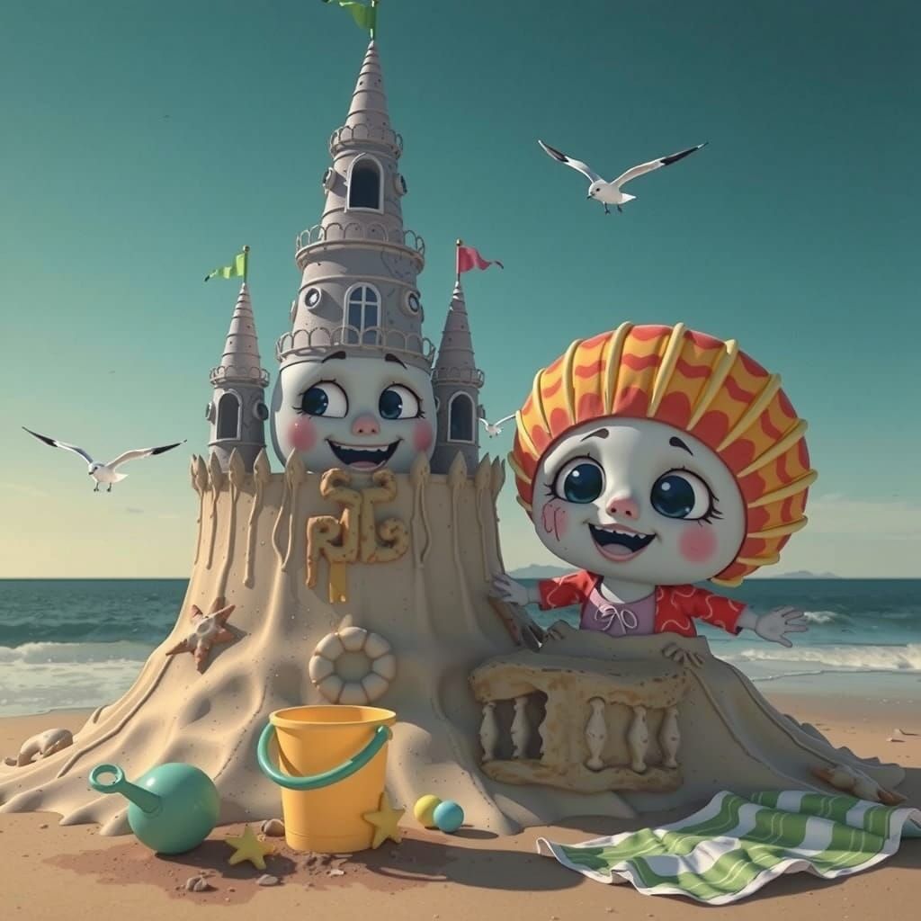 Starfish and Seashell Build Sandcastle: Graffiti Art