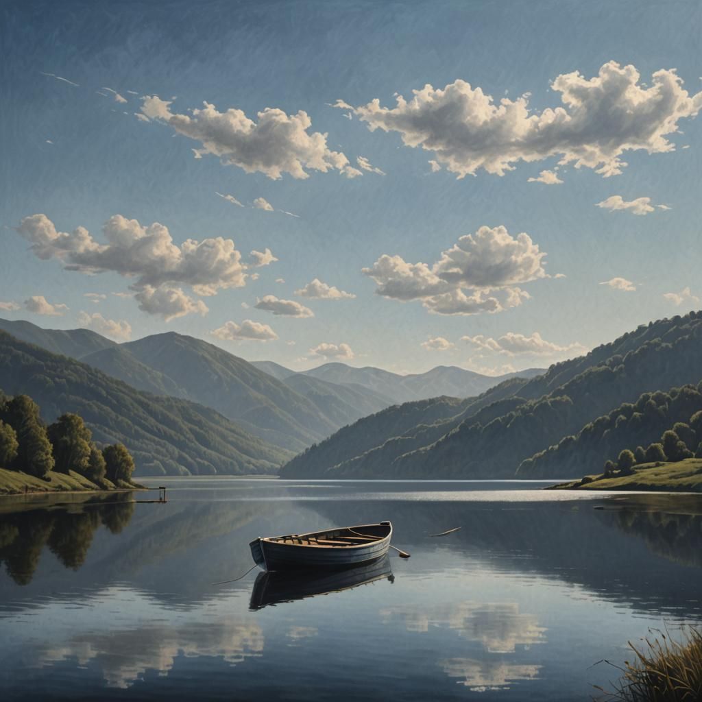 Empty Boat Drifts on Dark Lake: Photorealistic Image