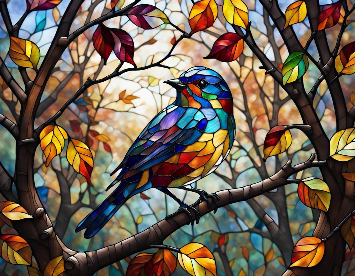 Stained-Glass Bird on Autumn Branch