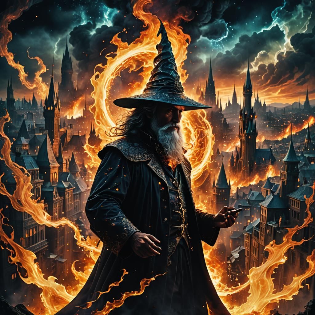 Dark Fantasy Wizard Silhouette with Burning City