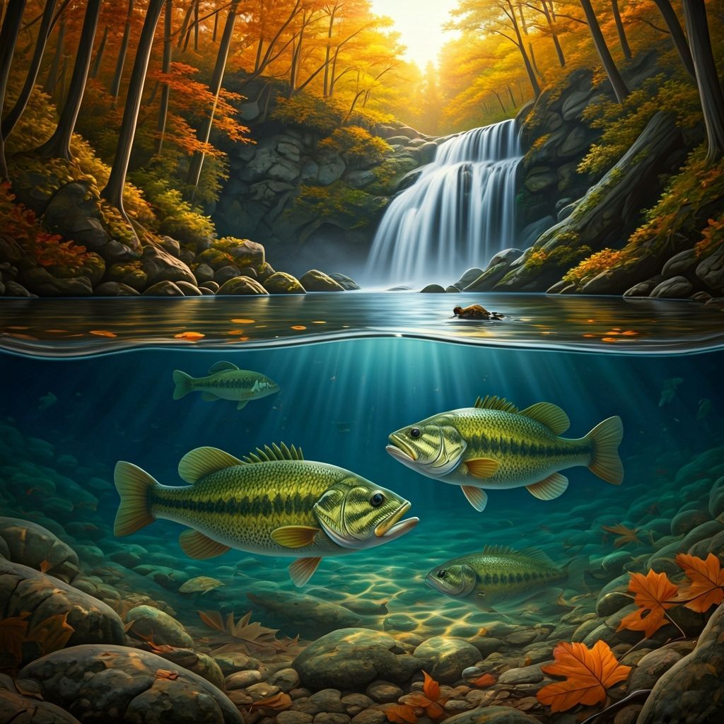 Autumn Stream with Bass Beneath Waterfall