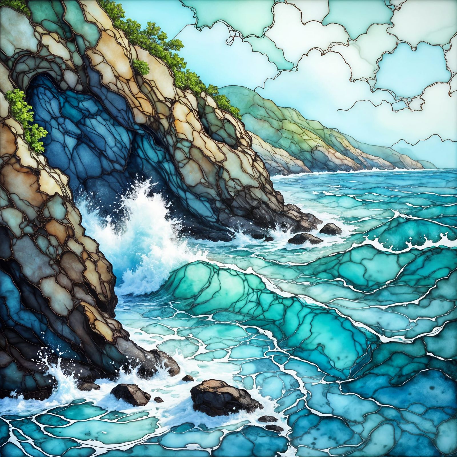 Jagged Cliffs and Crashing Waves in Stained Glass Style