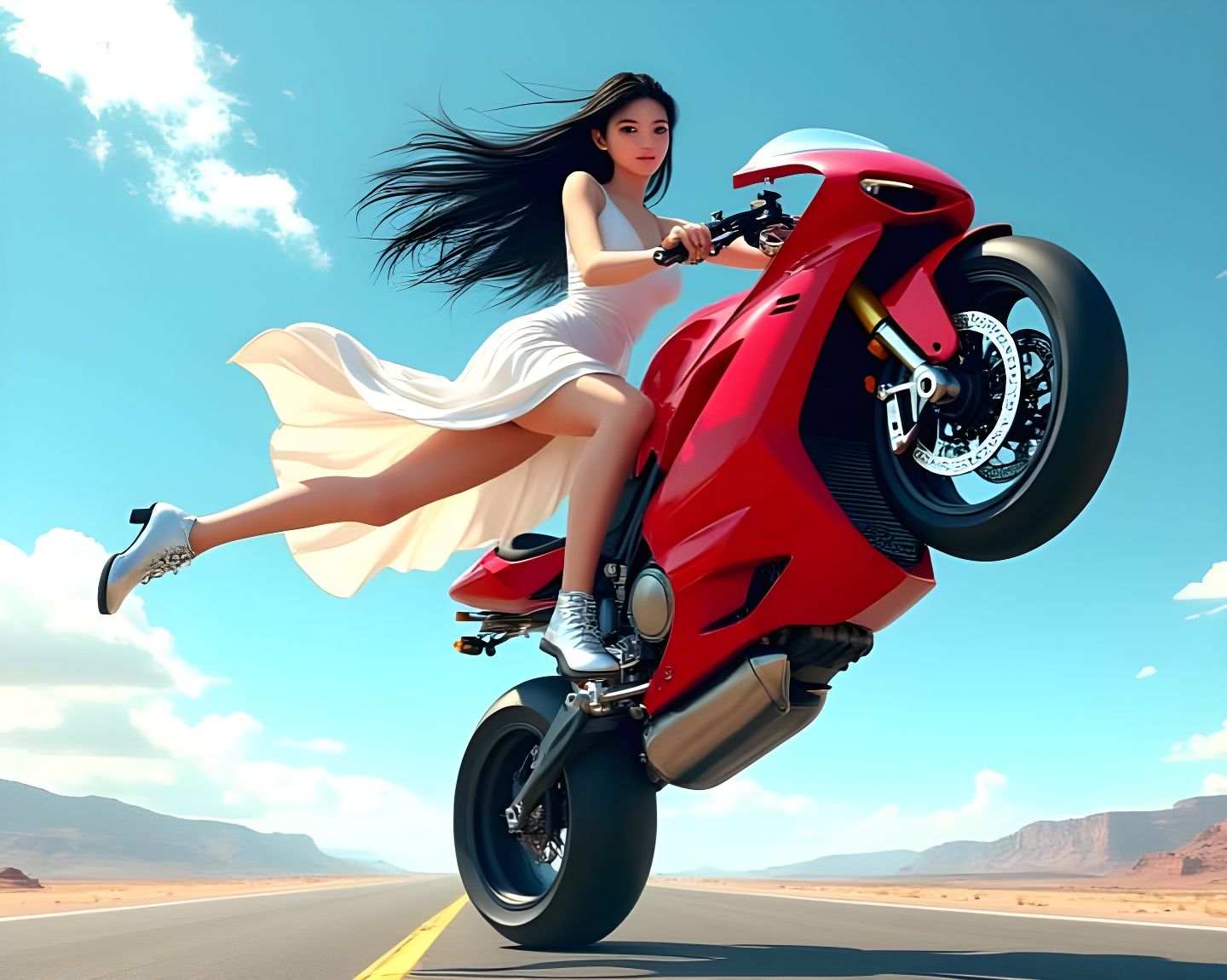 Confident Japanese Woman on Motorbike Wheelie in Futuristic ...