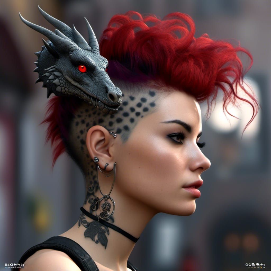 Punk Woman Portrait with Dragon Tattoo, Net Art Style