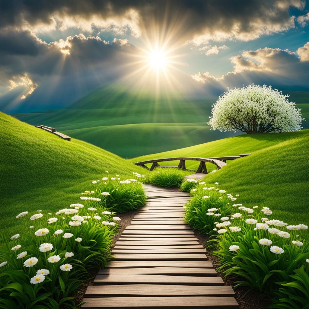 Cobblestone Path to Sky Bridge Landscape