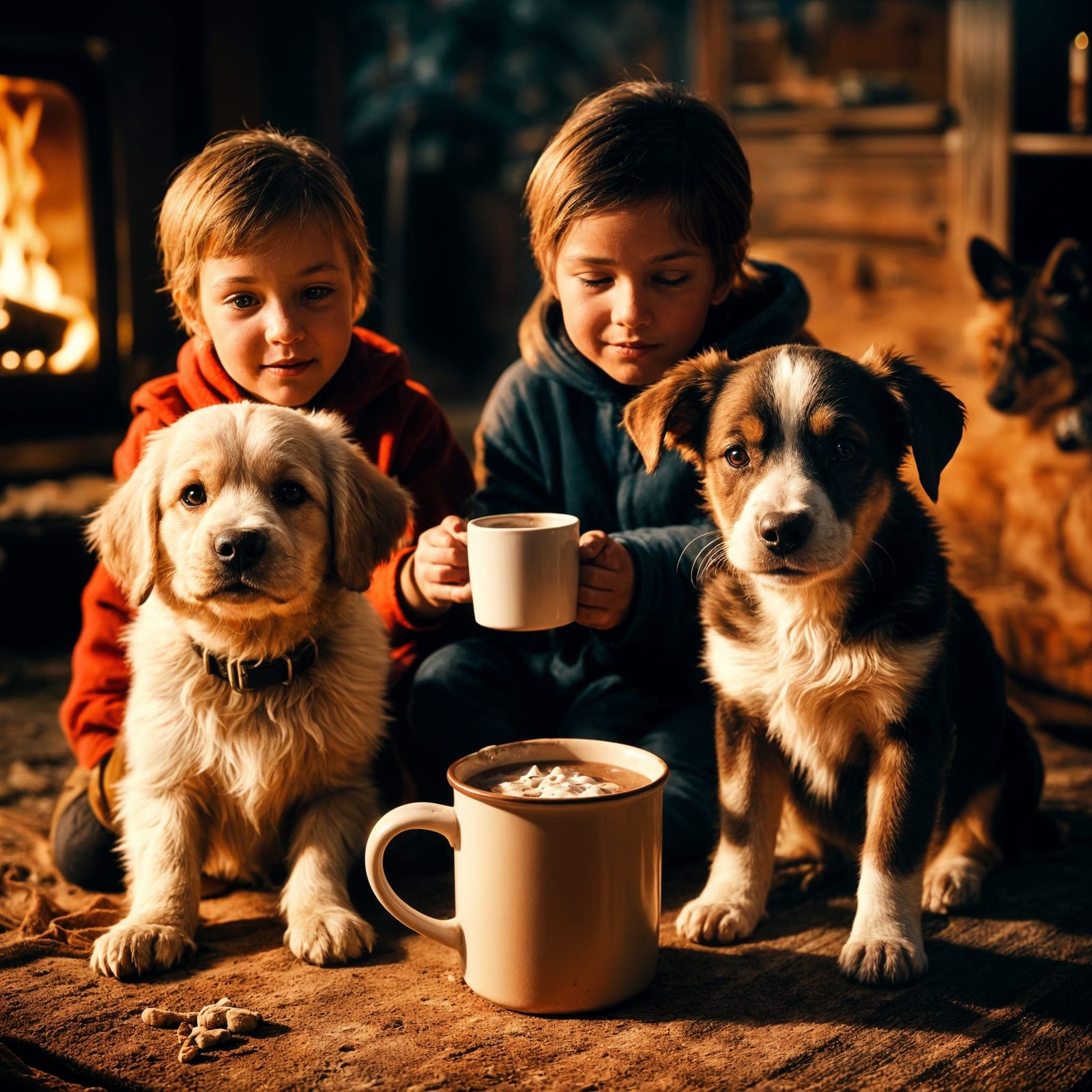 Child and Puppy by Fire: Cinematic Film Still