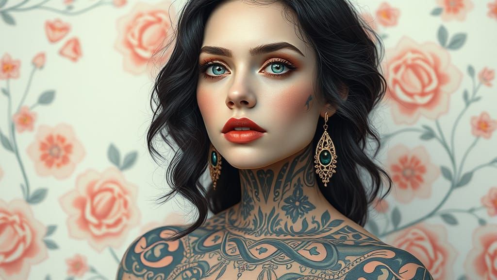 Serene Tattooed Woman in Soft Pastel Florals