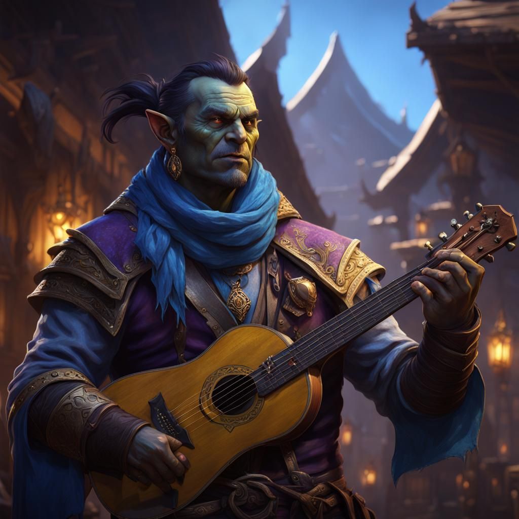 Half-Orc Bard in Dark Fantasy Style