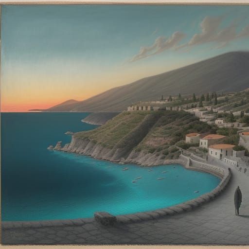 Mediterranean Coastal Scene with Lone Figure at Sunset
