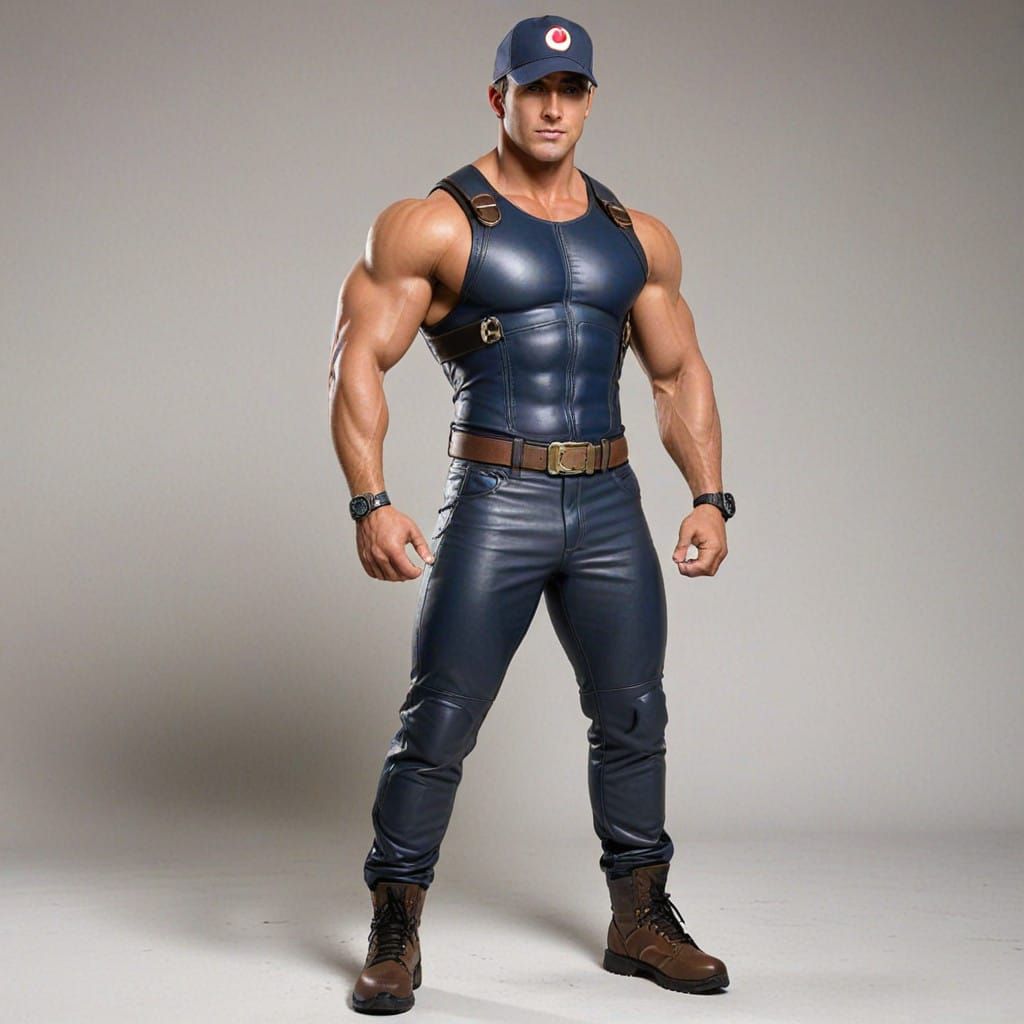 Bodybuilder Ash Ketchum in Military Leather