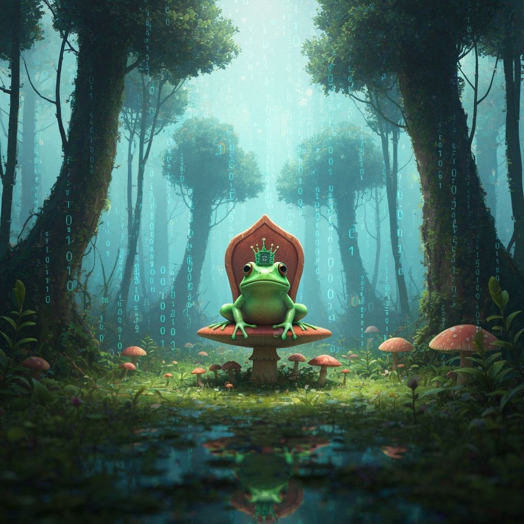 Bioluminescent Frog on Mushroom Throne in Digital Swamp