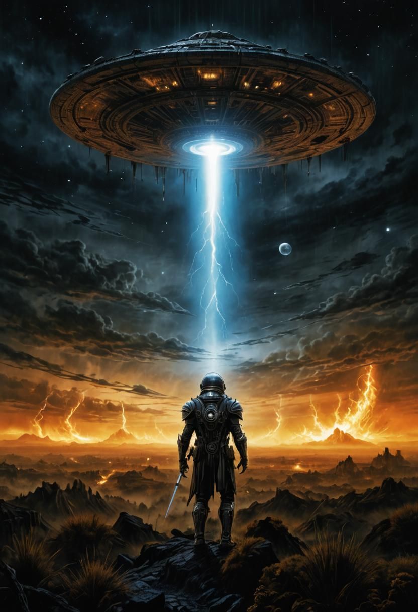 Engraved UFO Over Burning Field in Dark Fantasy Style