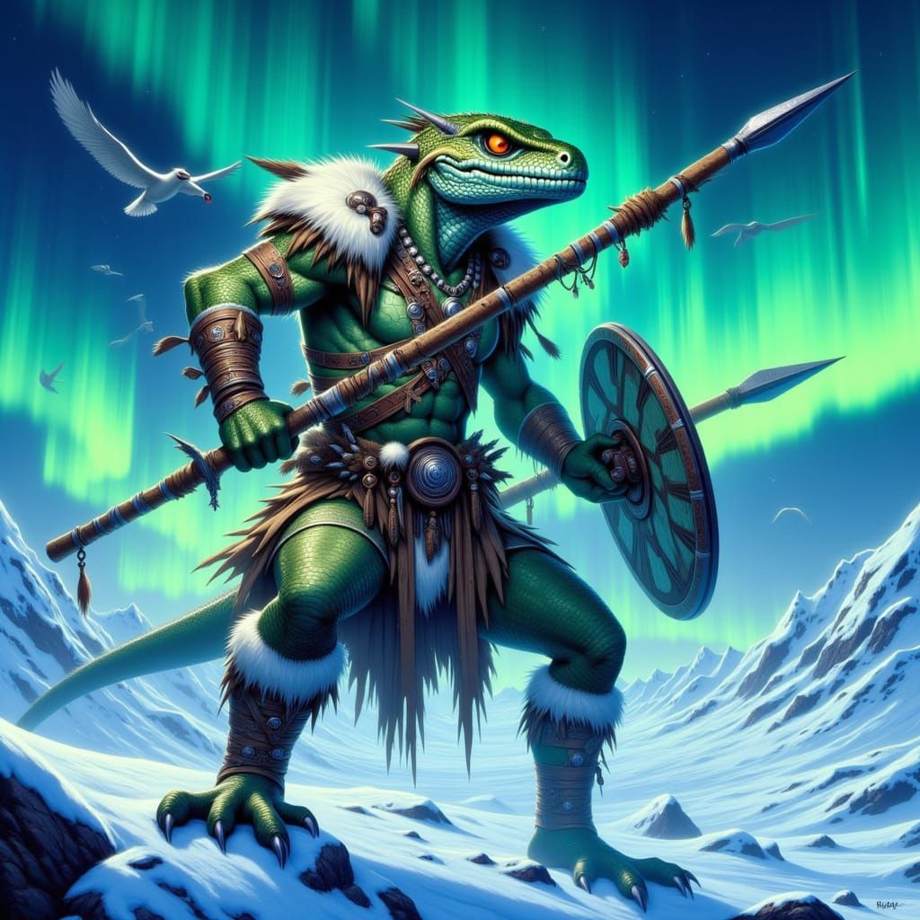 Lizard Warrior in Arctic Tundra with Aurora