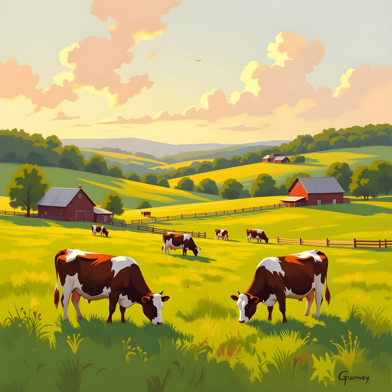 Bucolic Farm Pasture: Oil Painting by James Gurney Style