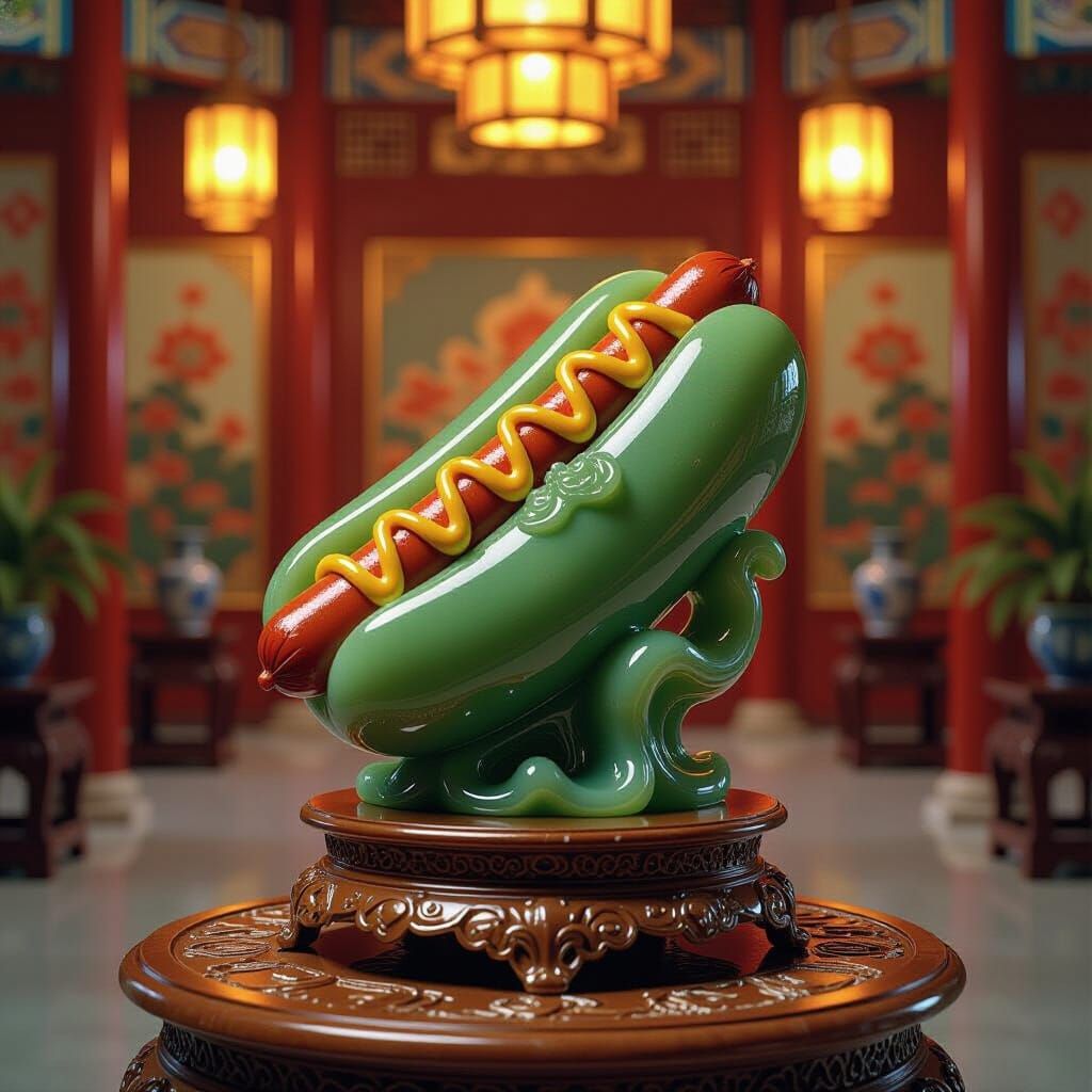 Jade Hotdog Sculpture in Ornate Chinese Palace