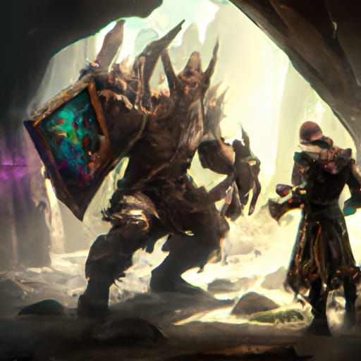 A knight fighting a goblin with his magic