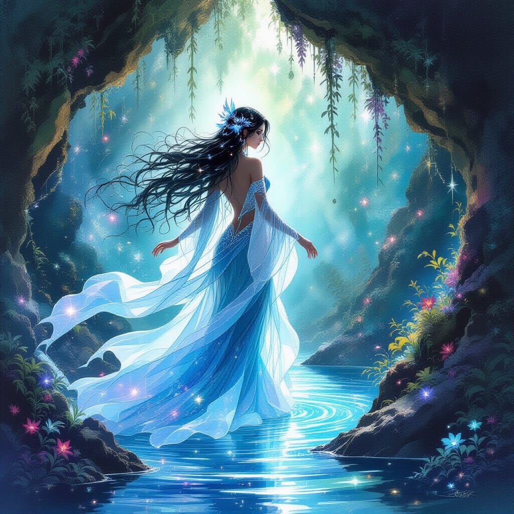 Celestial Water Nymph Emerges in Watercolor and Ink