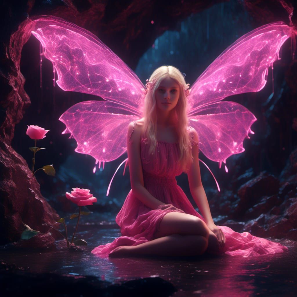 Bioluminescent Fairy in Dark Cave, Detailed Matte Painting