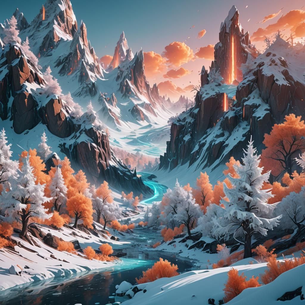 Glitched Winter Landscape in Fantasy Art Style