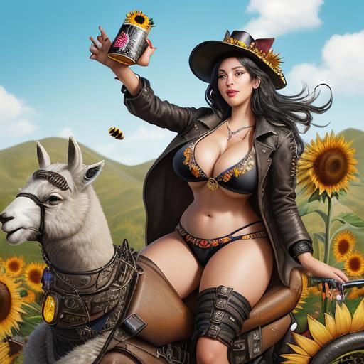 Steampunk Woman on Llama with Red Bull